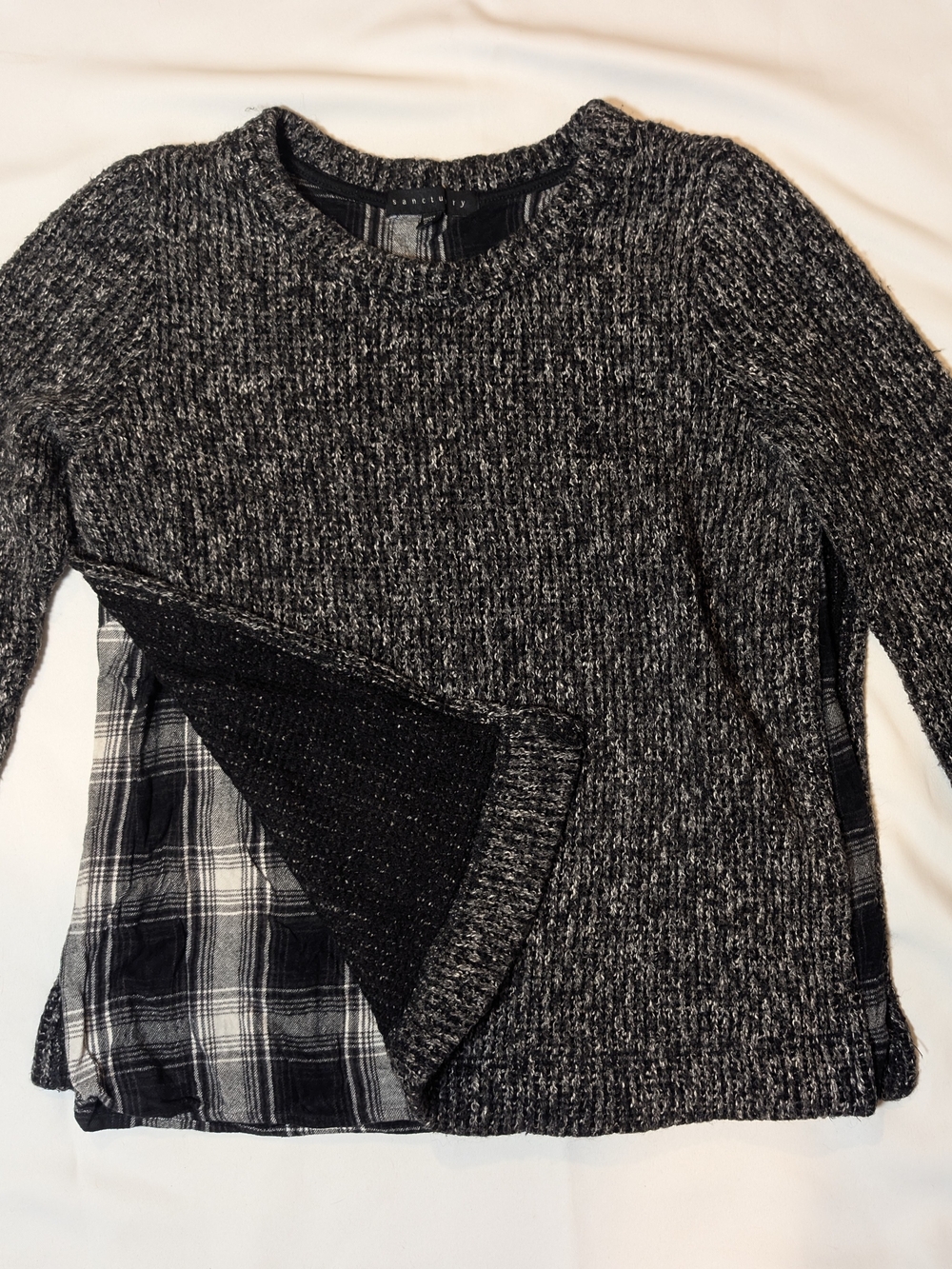 Black & Gray Sanctuary Layered Knit And Flannel Plaid Pullover Wool Blend Small